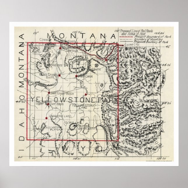 Poster Mapa dos Caminhos de Ferro e Hotel Yellowstone 190 (Frente)