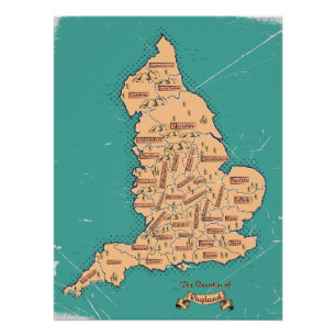 Pôster Mapa dos condados da Inglaterra Vintage