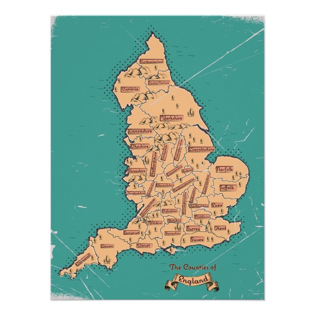 Pôster Mapa dos condados da Inglaterra Vintage (Frente)