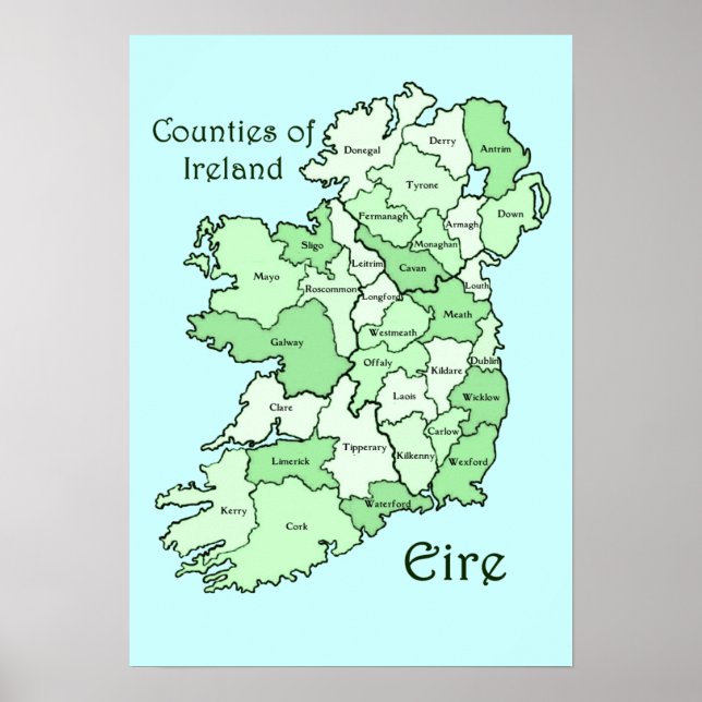 Pôster Mapa dos condados da Irlanda (Frente)