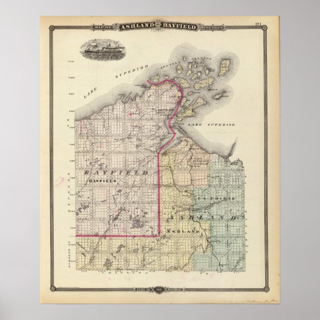 Pôster Mapa dos condados de Ashland e Bayfield (Frente)