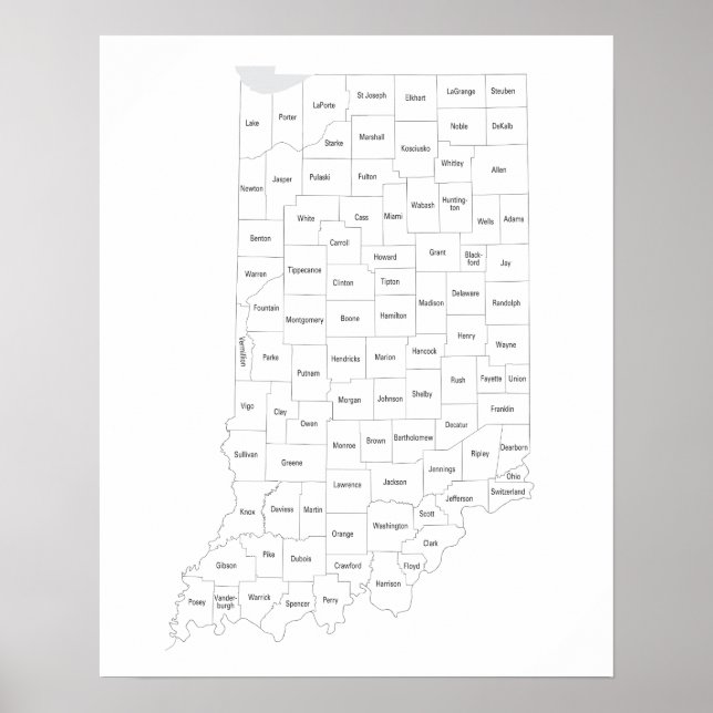 Poster Mapa dos condados de Indiana com o esboço do estad (Frente)