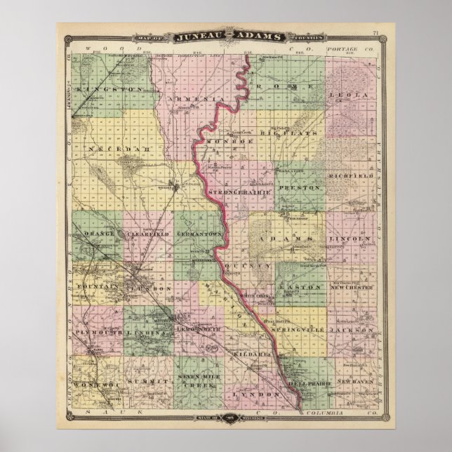 Pôster Mapa dos condados de Juneau e Adams (Frente)