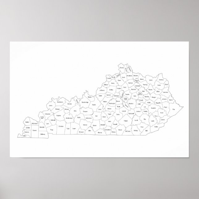 Poster Mapa dos condados de Kentucky com nomes dos condad (Frente)