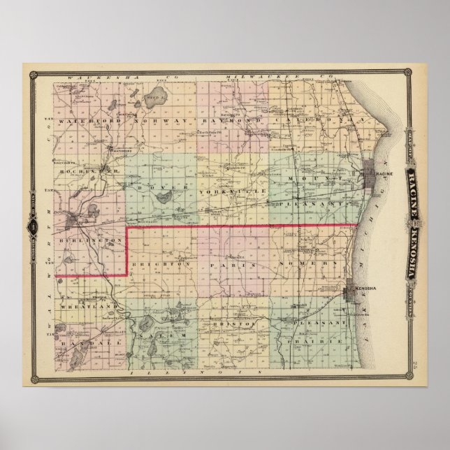 Pôster Mapa dos condados Racine e Kenosha (Frente)