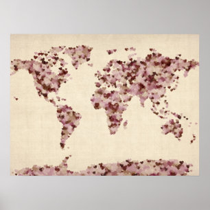Pôster Mapa dos corações do amor do mapa do mundo