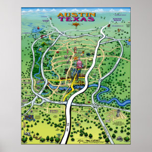 Pôster Mapa dos desenhos animados de Austin Texas