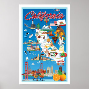 Poster Mapa dos desenhos animados de Califórnia