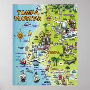 Poster Mapa dos desenhos animados de Tampa Florida