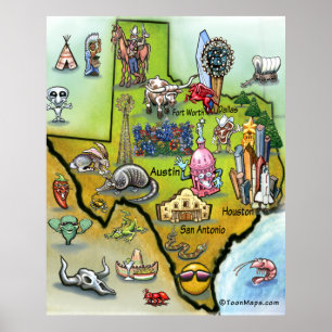 Pôster Mapa dos desenhos animados de Texas