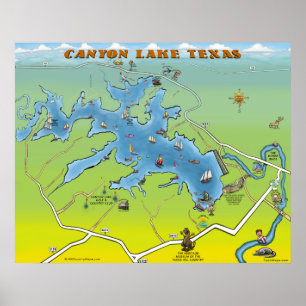 Pôster Mapa dos desenhos animados de Texas do lago canyon