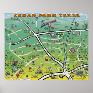 Poster Mapa dos desenhos animados de Texas do parque do