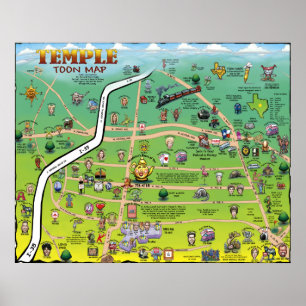 Poster Mapa dos desenhos animados de Texas do templo