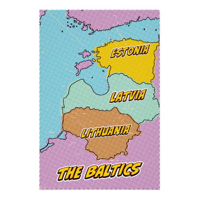Pôster Mapa dos Estados Bálticos Ilustrados com pop Art (Frente)