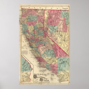 Pôster Mapa dos Estados da Califórnia e do Nevada