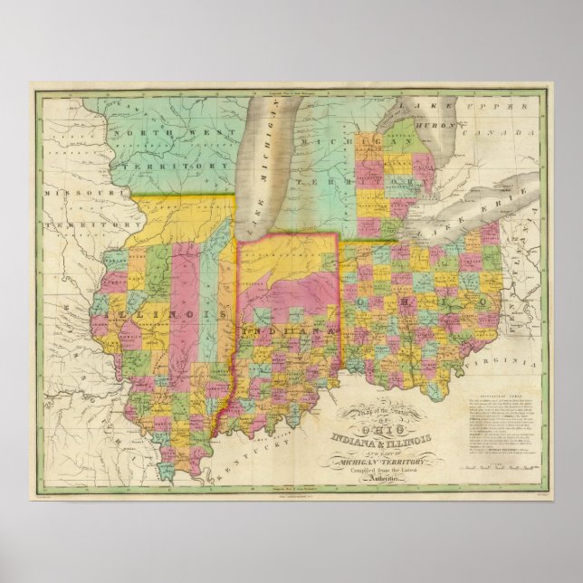 Poster Mapa dos Estados de Ohio Indiana & Illinois (Frente)