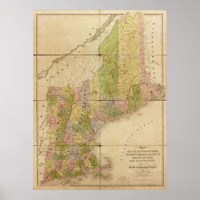 Pôster Mapa dos Estados do Maine e da Nova Inglaterra par (Frente)