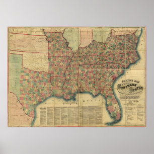 Pôster Mapa dos estados sulistas da guerra civil por J.