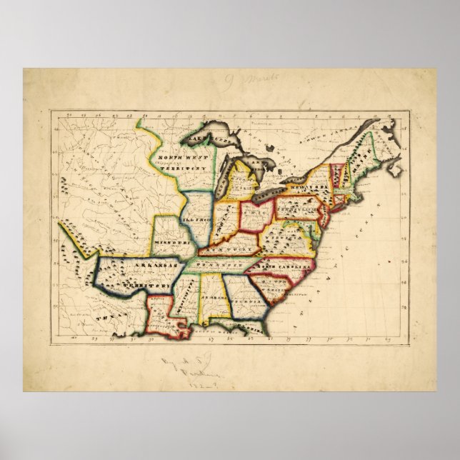 Poster Mapa dos Estados Unidos (1819-1824) (Frente)
