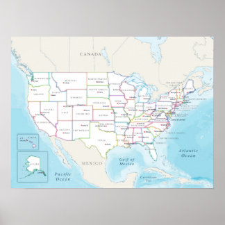 Poster Mapa dos Estados Unidos com Capitais Estaduais