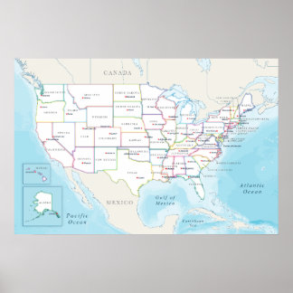 Poster Mapa dos Estados Unidos com Capitais Estaduais