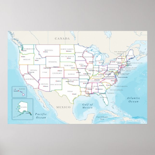 Poster Mapa dos Estados Unidos com Capitais Estaduais (Frente)