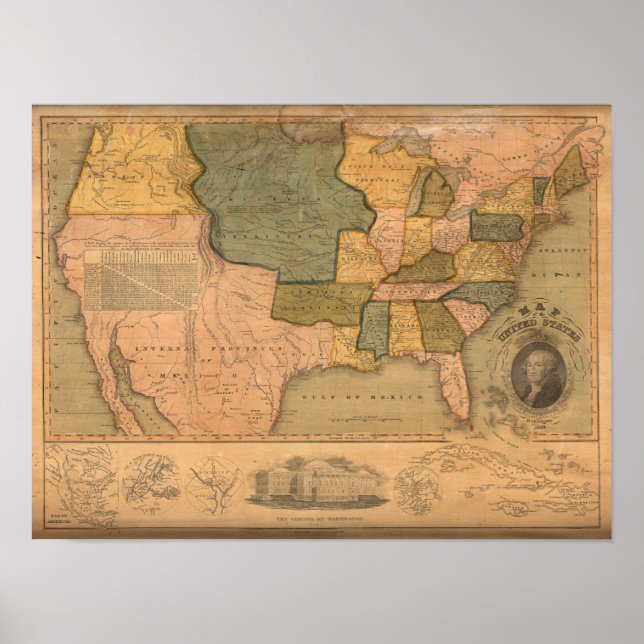 Pôster Mapa dos Estados Unidos com George Washington (Frente)