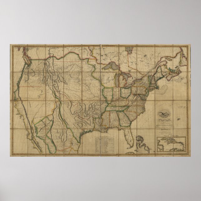 Pôster Mapa dos Estados Unidos da América (1818) (Frente)