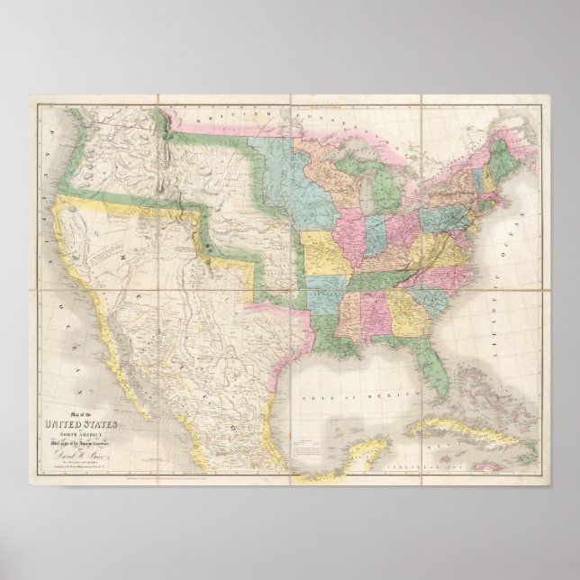 Pôster Mapa dos Estados Unidos da América do Norte (Frente)