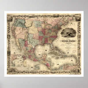 Pôster Mapa dos Estados Unidos por Colton 1850