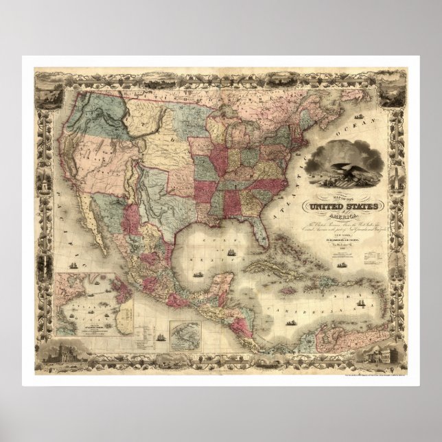 Pôster Mapa dos Estados Unidos por Colton 1850 (Frente)