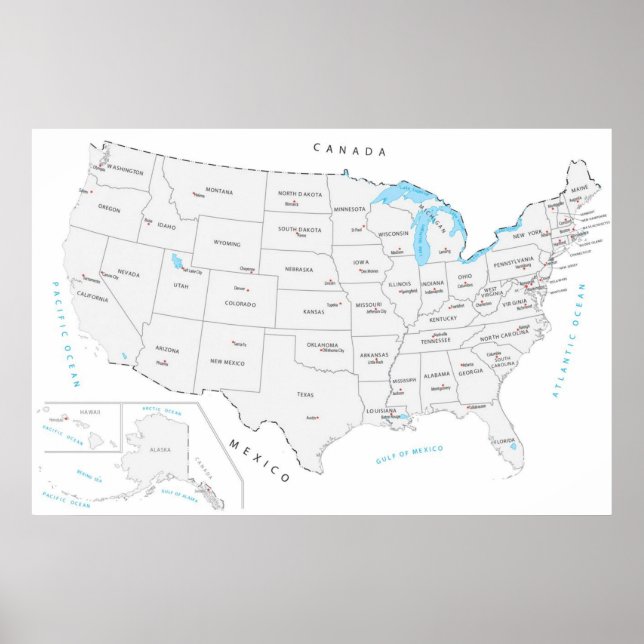 Poster Mapa dos EUA com Capitais Estaduais dos Estados Un (Frente)