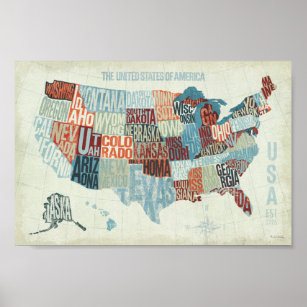 Poster Mapa dos EUA com Estados em Palavras