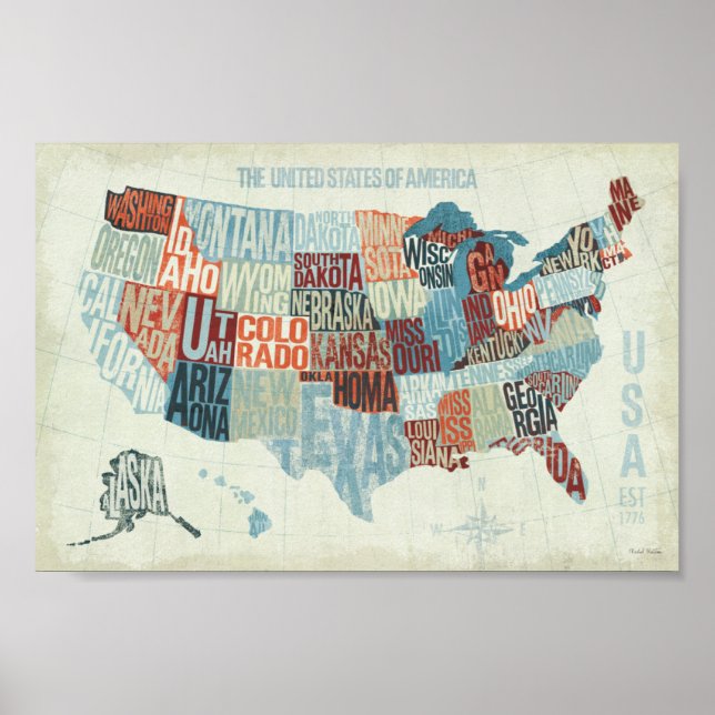 Poster Mapa dos EUA com Estados em Palavras (Frente)