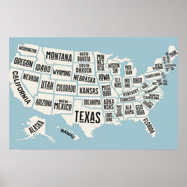 Poster Mapa dos EUA com Nomes de Estado Estados Unidos (Frente)