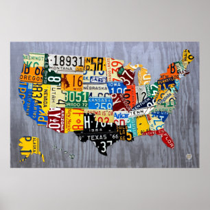 Pôster Mapa dos EUA - edição da matrícula do carro do