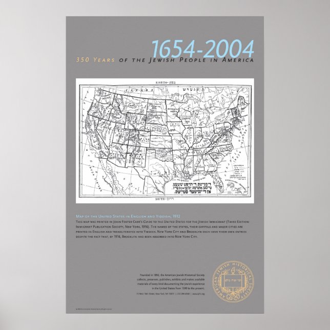 Poster Mapa dos EUA em Inglês e Iídiche, 1912 (Frente)