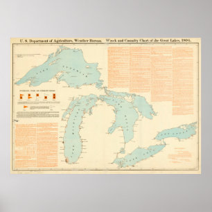 Poster Mapa dos Excelentes Vintage Lagos Naufrágio (1894