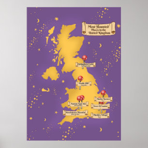 Poster Mapa dos Lugares Mais Assombrados Do Reino Unido.