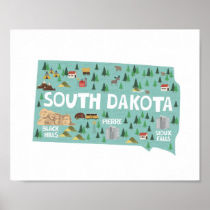 Poster Mapa dos marcos do ícone de South Dakota