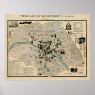 Poster Mapa dos Monumentos e Marcas do Vintage Paris