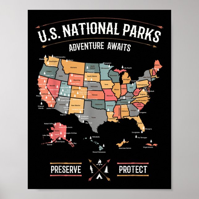 Poster Mapa dos Parques Nacionais dos EUA Preservar Prote (Frente)