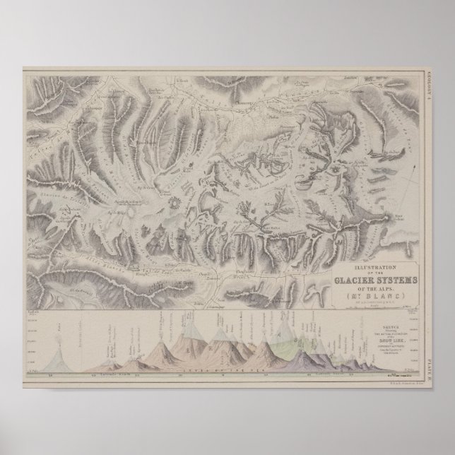 Pôster Mapa dos Sistemas de Geleiras dos Alpes (Frente)