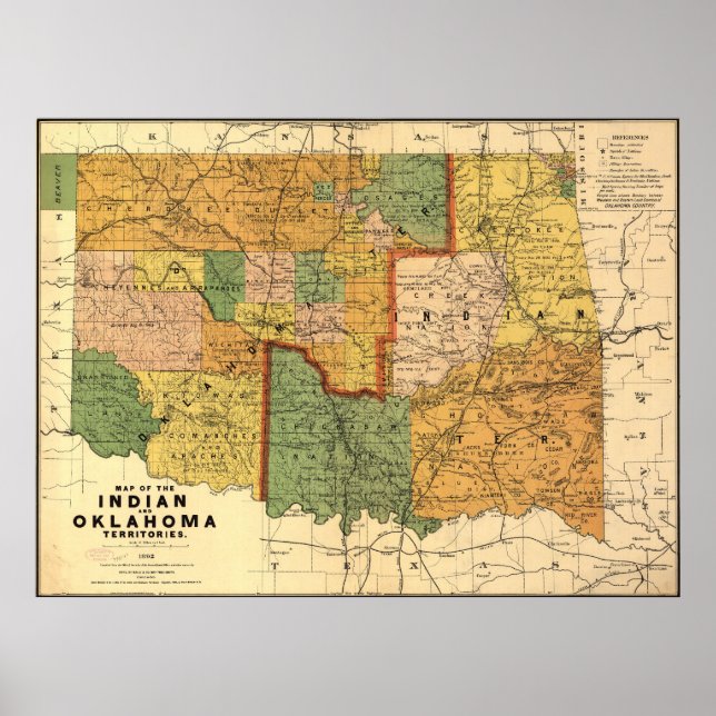 Pôster Mapa dos Territórios Indianos e de Oklahoma em 189 (Frente)