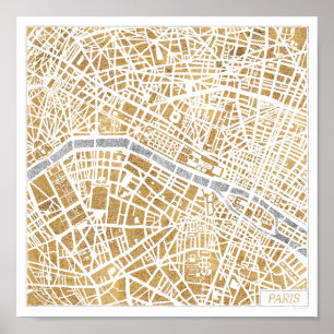 Pôster Mapa dourado da cidade de Paris