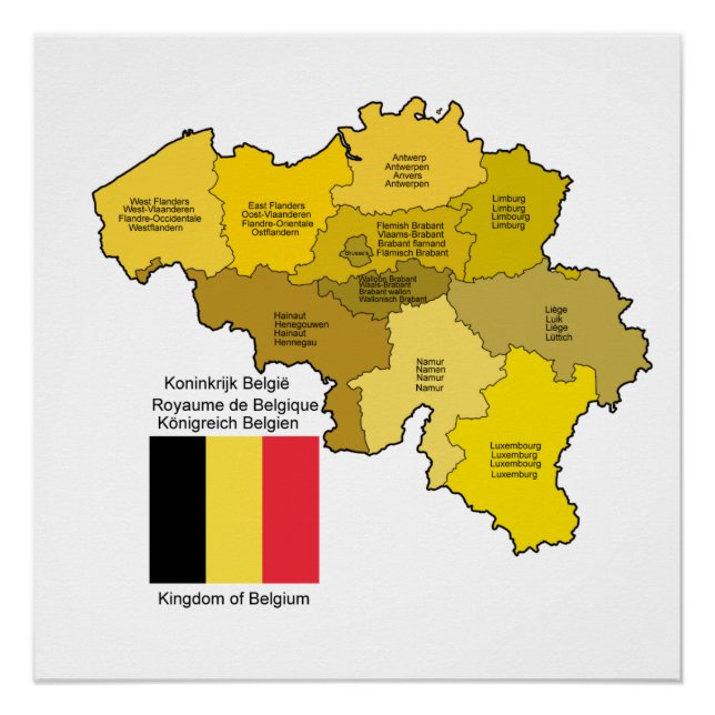 Pôster Mapa e bandeira da Bélgica (Frente)