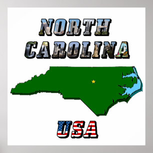 Pôster Mapa e texto de North Carolina