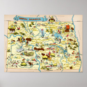 Pôster Mapa engraçado do vintage de North Dakota