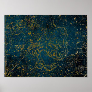 Poster Mapa Estelar Vintage Ilustrado Azul Escuro e Doura