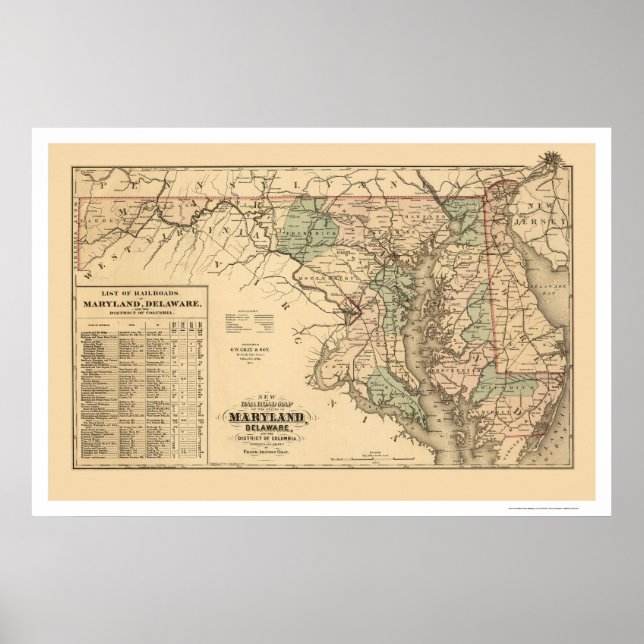 Poster Mapa Ferroviário de Maryland e Delaware 1876 (Frente)